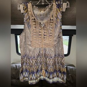 World Unity, Sleeveless Boho Tassel Tunic Dress in Beige, Navy & Mustard
